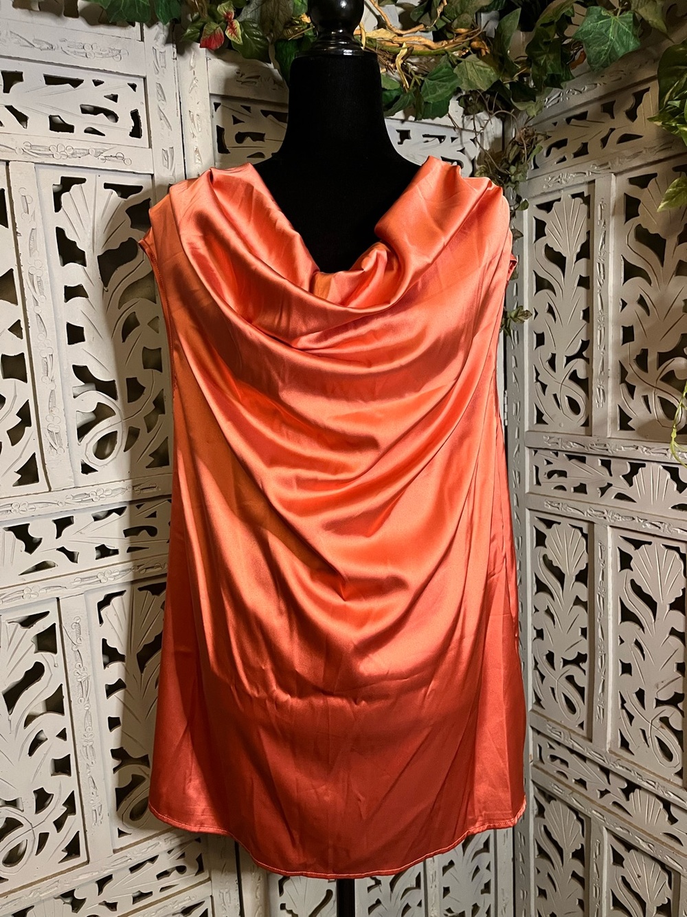 BRILLIANT SATINY CORAL ORANGE COWEL NECK SLEEVELESS PLUS SIZE TOP